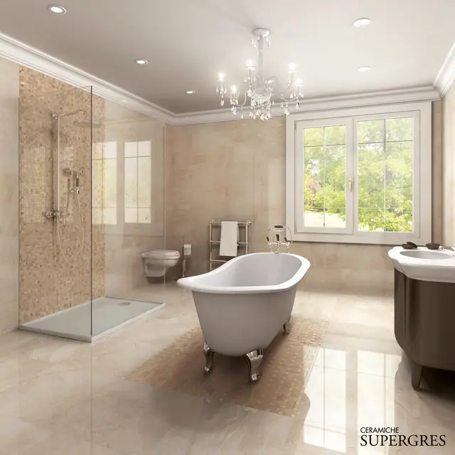Bagno con vasca, doccia e rivestimenti chiari